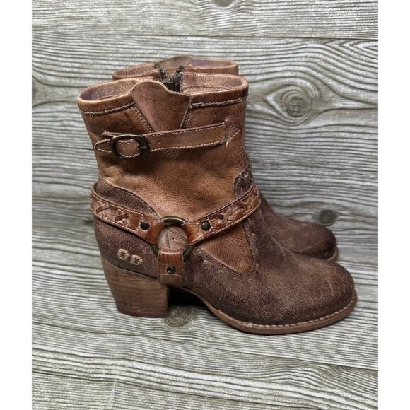 Bed Stu Octane II Brown Short Leather Harness Heeled Boots Booties Size 6